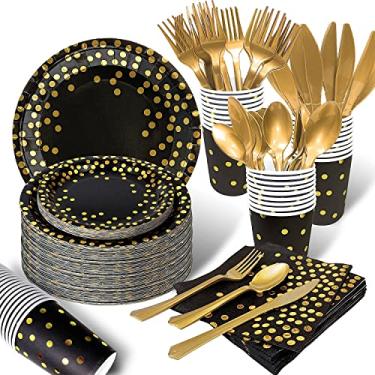Imagem de 350 peças de artigos de festa preto e dourado, Severs 50 utensílios de jantar descartáveis de festa, garfos de plástico dourado, facas, colheres e pratos de papel com pontos dourados, copos de