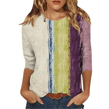 Imagem de Lainuyoah Camisetas femininas de manga 3/4 com gola redonda e gola redonda, caimento solto, fofa, verão, primavera, túnica blusas modernas, c - Roxo, GG