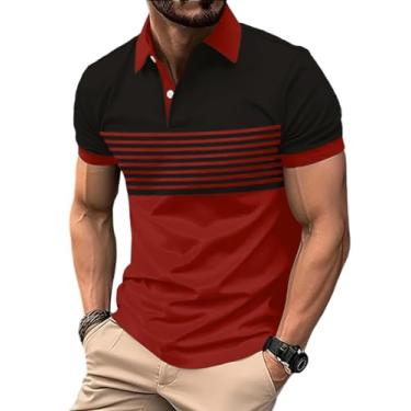Imagem de SOLY HUX Camisa polo masculina de golfe manga curta gola tênis camiseta listrada colorida, Vermelho e preto., G