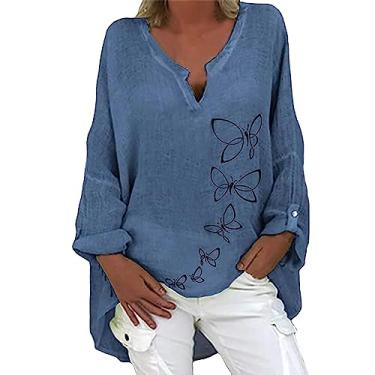 Imagem de Camisetas femininas de linho com estampa floral, gola redonda, túnica de manga curta, camisas soltas casuais para sair, Azul marino, G