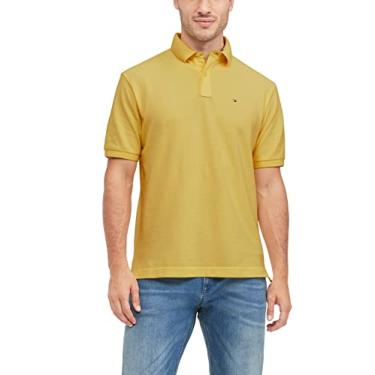 Imagem de Tommy Hilfiger Camisa polo masculina de algodão piquê de manga curta em ajuste clássico, Amarelo quente, Medium