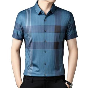 Imagem de Camisa social masculina - blusa casual listrada de seda, Azul escuro, XXG