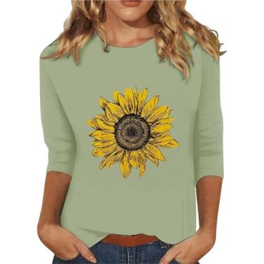 Imagem de Camisetas femininas com estampa floral, manga 3/4, gola redonda, soltas, casuais, ioga, trabalho, Verde menta, G