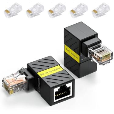 Imagem de Minidodoca Pacote com 2 extensores Ethernet Cat6 rotação de 360°, adaptador de extensão Cat5 Cat6 de 90 graus de rede de ângulo reto LAN RJ45 conector macho para fêmea (RJ45 RightAngle)