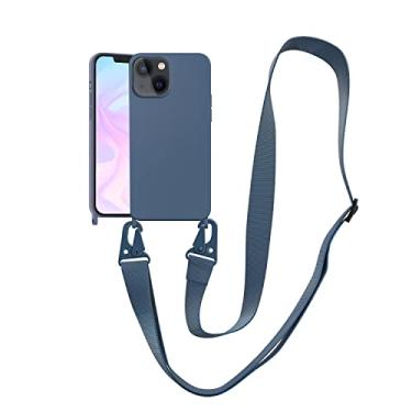 Imagem de VooDirop Capa compatível com iPhone 13 Mini com cordão transversal, capa para iPhone com alça ajustável, à prova de choque, proteção contra quedas, capa de silicone para iPhone 13 Mini de 5,4 polegadas, azul escuro