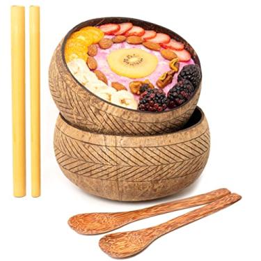 Imagem de Rainforest Bowls Conjunto de 2 tigelas de coco de penas jumbo, 2 colheres de madeira e 2 canudos de bambu reutilizáveis - 100% natural, esculpido à mão por artesãos, ecologicamente corretos e