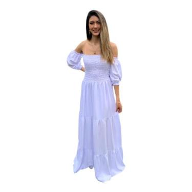 Imagem de Vestido Longo Ciganinha com Lastex Ombro a Ombro Manga Fofa Liso - Din