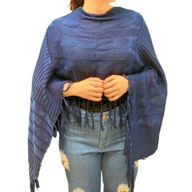 Imagem de Poncho Feminino Kimono Tricô Mousse Com Detalhe de Franja - SP/CXX, Az