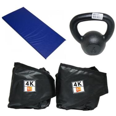Imagem de Kit Colchonete Azul + Caneleira 4Kg + kettlebell Pintado 6kg - 1 Fit
