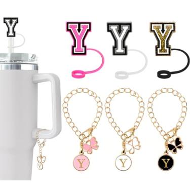 Imagem de (3 +3) Capa de canudo Nuozme compatível com copo Stanley Tumbler 3 peças de tampas de palha com 3 pingentes de borboleta inicial Nome ID para Stanley Copo de 30 e 1,134 g (capa de canudo de 3 letras,