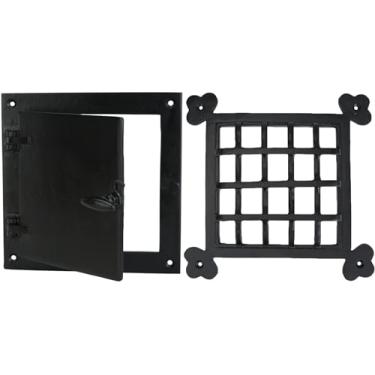 Imagem de A29® Grelha de porta retangular Speakeasy com porta de visualização, grade decorativa de ferro fundido para portas, janelas e portões, acabamento em pó preto, grade de porta de tela, 21 x 21 cm