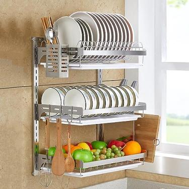 Imagem de Escorredor de pratos de cozinha de 3 níveis, escorredor de pratos de aço inoxidável 304 montado na parede, escorredor de pratos de grande capacidade com bandeja extensível, prateleira removível para
