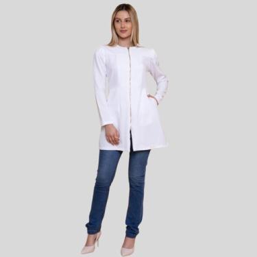 Imagem de Jaleco Natalia Branco Feminino Médicina Manga Longa Liso Com Ziper Em 