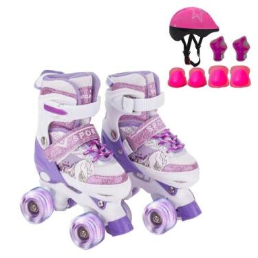 Imagem de Patins Infantil 4 Rodas ARCO IRIS Com Led Com Kit Proteção Menina Meni
