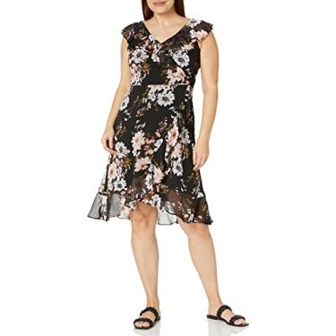Imagem de London Times Vestido feminino curto de chiffon acima do joelho com babados para convidadas para chá de casamento, Preto/Blush, 25 Plus Size