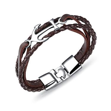 Imagem de Rockyu Joias da marca, popular, pulseira masculina, aço inoxidável, pulseira, couro legítimo, leme, alça, trançado, étnico asiático, Titânio de couro genuíno, Sem Pedra Preciosa
