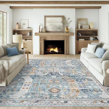 Imagem de befbee Tapetes de área 9x12 para sala de estar, tapete lavável ultrafino, tapete antiderrapante leve dobrável, tapetes grandes vintage boho persa (azul/dourado, 2,5 x 30,5 m)