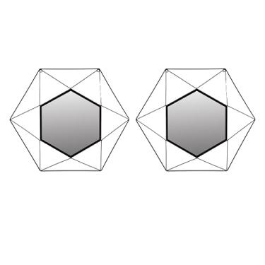 Imagem de Conjunto de 2 espelhos geométricos decorativos em forma de estrela em forma de estrela de 50,8 cm com moldura de metal preto moderno - Decoração de casa elegante para sala de estar, quarto,