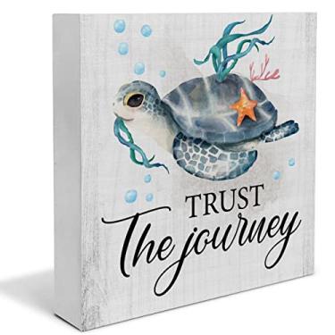 Imagem de Country Beach Sea Turtle Wood Box Sign Decor Desk Sign Sea Turtle Beach Wooden Box Block Sign Summer Signs Rustic Home Shelf Wall Decoration_AB
