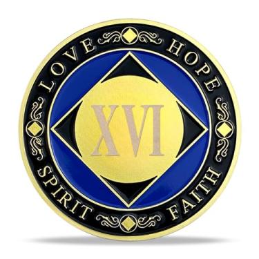 Imagem de Medalhão de 16 anos NA banhado a ouro - Moeda de recuperação de narcóticos anônimos com glitter azul, cristais transparentes, coberto com epóxi - Presente de símbolo de aniversário