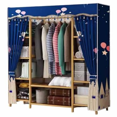 Imagem de Guarda-roupa Novo armário de guarda-roupa duplo reforçado engrossado madeira maciça pendurado guarda-roupa borla listra azul oxford pano tecido armário armário