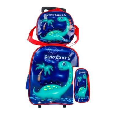 Imagem de Kit Mochila Reforçada Lancheira E Estojo Dino Azul Rodinhas