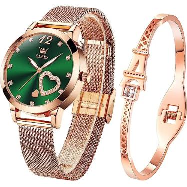 Imagem de OLEVS Relógio feminino conjunto de presentes com pulseira ouro rosa para senhora minimalista simples fino casual vestido analógico quartzo relógios de pulso à prova d'água dois tons, relógio verde feminino, Clássico