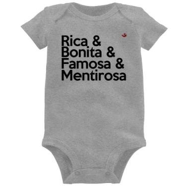 Imagem de Body Bebê Rica & Bonita & Famosa & Mentirosa - Foca na Moda, Cinza, GG