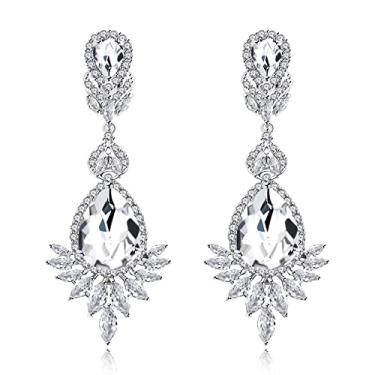 Imagem de Uloveido Brincos grandes com clipe de zircônia cúbica para mulheres/noivas/dama de honra, presentes para o dia das mães, brinco com clipe de gota de diamante simulado, Large, Metal Cristal, Zircônia