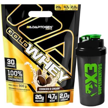 Imagem de Kit Gold Whey Sabor Cookies and Cream 900g - Adaptogen Science + Coqueteleira 600g - X3 Suplementos