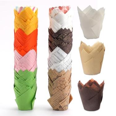 Imagem de 300 peças de forros de muffin de tulipa - 3 estilos de forros de cupcake de pergaminho para assar cupcakes, suportes de papel para muffin, copos de assar para festa, casamento, aniversário, Natal