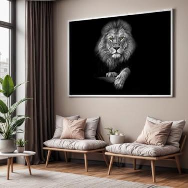 Imagem de Quadro com Moldura Sala Quarto 90x60 Leão Preto e Branco Olho Verde Decorativo Horizontal Grande Hall