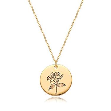 Imagem de MYEARS Colares femininos de moedas de ouro para o mês de nascimento, buquê de flor, pingente de medalha redonda gravado, floral, banhado a ouro 14 K, combinando, joias personalizadas, aniversário