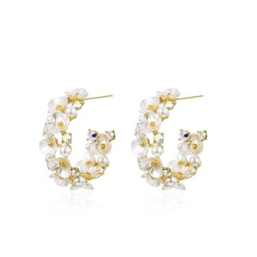 Imagem de Brincos de argola de cristal em forma de C em forma de concha delicada para mulheres, banhados a ouro 18 k, hipoalergênico, pérola, círculo, redondo, aberto, argolas, minimalistas, joias modernas para