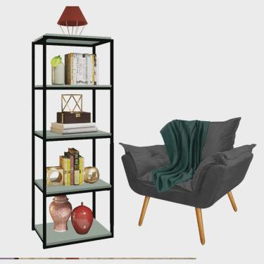 Imagem de Kit Poltrona Fatte com Manta Soft Verde e Estante Livreiro Ferro Preto mdf Verde Oliva Suede Cinza - Ahz Móveis