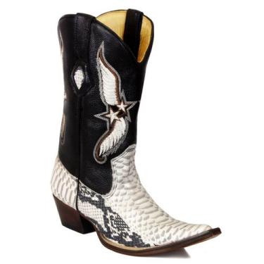 Imagem de Bota Texana Masculina Bico Fino Couro Anaconda PB Branco e Preto e Flo
