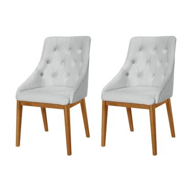 Imagem de Kit 2 Cadeiras de Jantar Estofada Elisa Anatômica Capitonê Linho Cinza Base Madeira Maciça Mel
