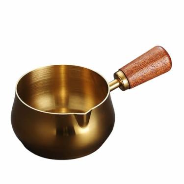 Imagem de Copo medidor de café expresso, 170 g/180 ml de aço inoxidável com cabo de madeira e boca em forma de V para fazer molhos, reaquecimento, sopa, aquecimento, leite. (ouro)