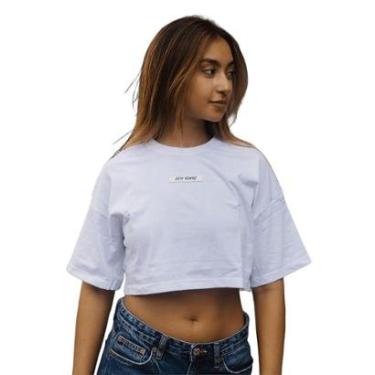 Imagem de Camiseta Feminina T-shirt Cropped Borracha Manga Curta Oversized Confortavel Streetwear Branco-Feminino