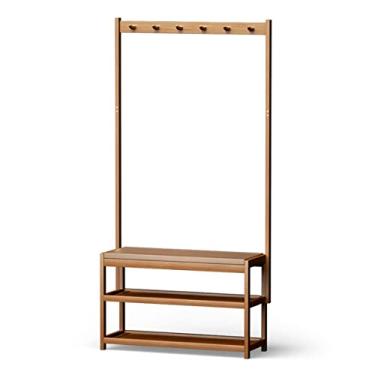 Imagem de Arara de roupas de bambu com armazenamento e ganchos, banco e armazenamento de sapatos para casa, quarto, lavanderia, pequeno lugar, entrada/70 * 28,5 * 158 cm (60 * 28,5 * 158 cm)