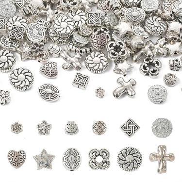 Imagem de Spritewelry 120 peças, 12 estilos, contas espaçadoras prateadas de metal com orifício grande, contas de estilo tibetano, contas espaçadoras soltas para pulseiras, colar, joias, artesanato, faça você