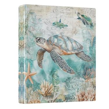 Imagem de Fichário redondo com concha de tartaruga marinha estrela do mar coral de 3 cm, tema do oceano náutico, 3 anéis, para escritório, escola, material de trabalho, pasta de arquivos, capacidade para 200