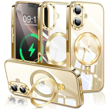 Imagem de ESTPEAK Capa de Titânio Dourado CD Mag-Stand para iPhone 16 Plus com anel magnético invisível, [apto para MagSafe] [nunca amarela] Capa de telefone transparente para iPhone 16 Plus 6,7 polegadas