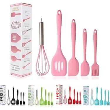Imagem de Kit com 5 Utensílios de Cozinha Colheres Espátulas Pincel Fouet de Silicone Não Arranha Panela Altas Tempretraturas Resistente ao Calor Conjunto Livre de BPA (Preto e Vermelho)