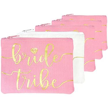 Imagem de Sacos de maquiagem da Tribo da Noiva - Favor de dama de honra para festa de despedida de solteira, chá de panela, casamento. Bolsa de cosméticos/artigos de higiene, kit de sobrevivência de casamento, kit de ressaca, lembrança, Blush, 4+1pc Bride Tribe + Bride