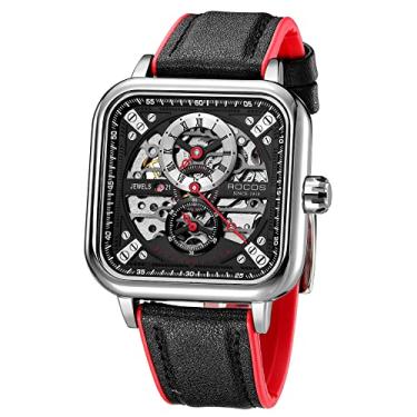 Imagem de Relógio masculino mecânico automático com esqueleto e pulseira de couro vintage relógio de pulso casual Steampunk R00917, Vermelho