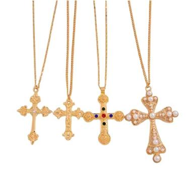 Imagem de Pacote com 4 colares vintage de cruz de ouro – pingentes grossos de pérola e pedras preciosas para mulheres, conjunto de joias modernas em camadas, 15, Latão, Strass