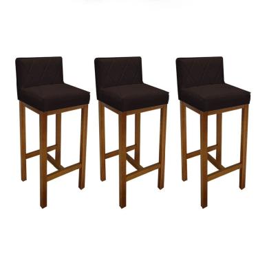 Imagem de Kit 03 Banqueta Alta Com Encosto Loren Cozinha Balcão Bistrô Base Madeira Carvalho Corino Marrom