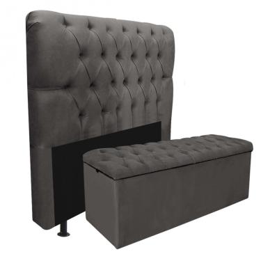 Imagem de Kit Cabeceira Estofada E Calçadeira Recamier Paris 160Cm Queen Size Capitonê Suede Cinza