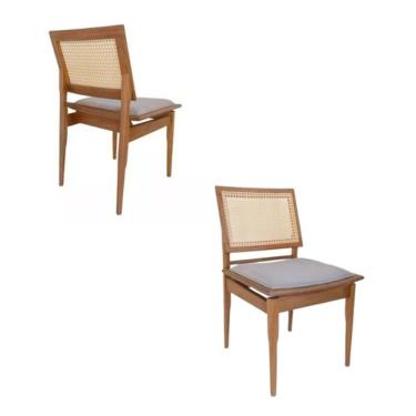 Imagem de Conjunto De 2 Cadeiras Madeira Maciça Detalhe De Tela Sextavada E Assento Em Linho Cor...